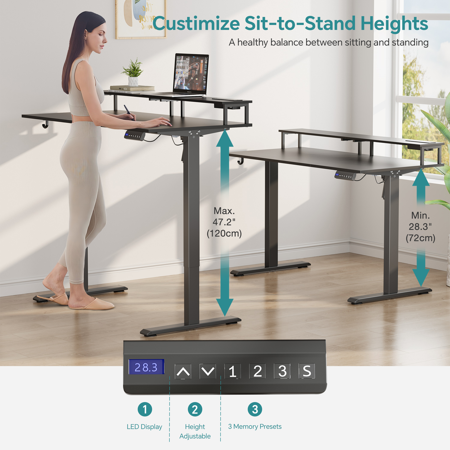 JOZ Electric Height Adjustable Standing Desk, 48 x 24 inches Sit-Stand Desk with Memory Preset and T-Shaped Metal Bracket - Black