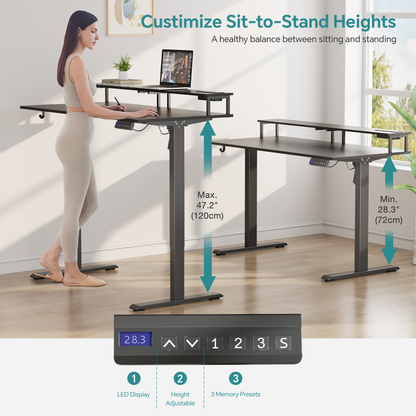 JOZ Electric Height Adjustable Standing Desk, 48 x 24 inches Sit-Stand Desk with Memory Preset and T-Shaped Metal Bracket - Black