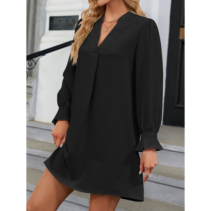 SHIBEVER Women Dress Casual Long Sleeve Shirt Dress V Neck Dressy Flare Cuff Black Elegant Mini Dresses for Women Size L