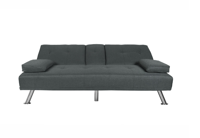 Modern Futon Sofa Beds, Linen Convertible Futon Sofa w/ Removable Armrests, Metal Legs, 2 Cupholders, Dark Gray