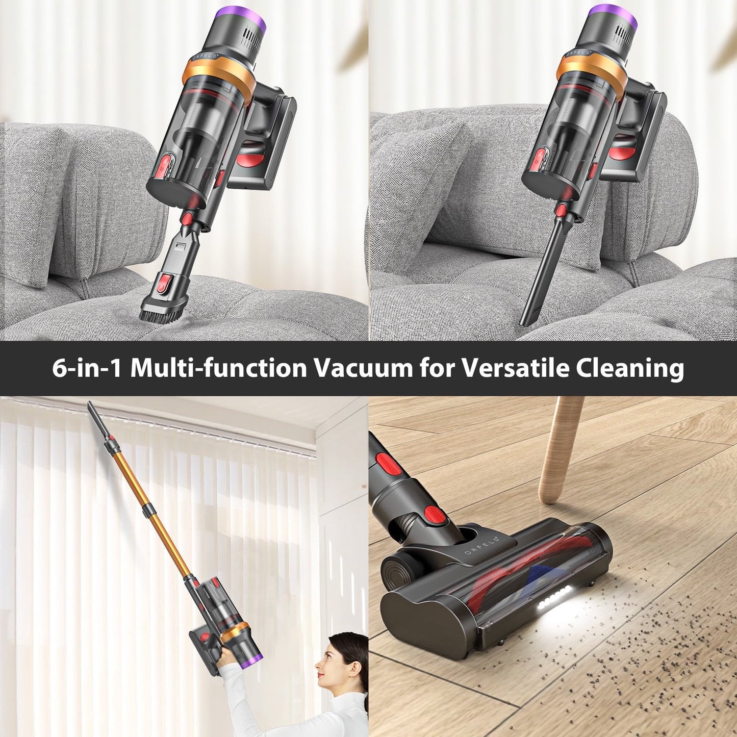 ORFELD Cordless Vacuum Cleaner， 45mins 300W 25kap Rechargeable Stick Vacuum for Carpet Hardwood Floor Pet Hair，Gold，SV30