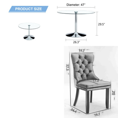 47" Modern Round Bar Style Dining Table Set with 4 Velvet Upholstered Chairs,Silver Leg Glass Table with 4 Black Chairs with Silver Leg