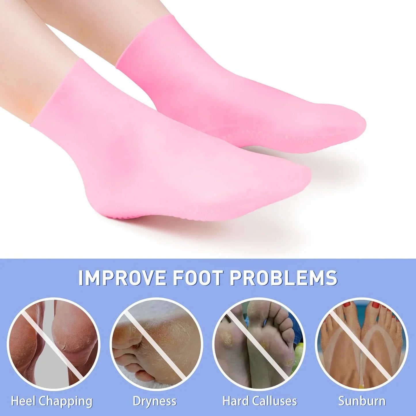 Aphlos Long Silicone Socks 2 Pairs, Moisturizing Socks, Soft Gel Socks for Dry Cracked Feet Women, Comfortable for Overnight Use & Spa Recovery (Pink & White)