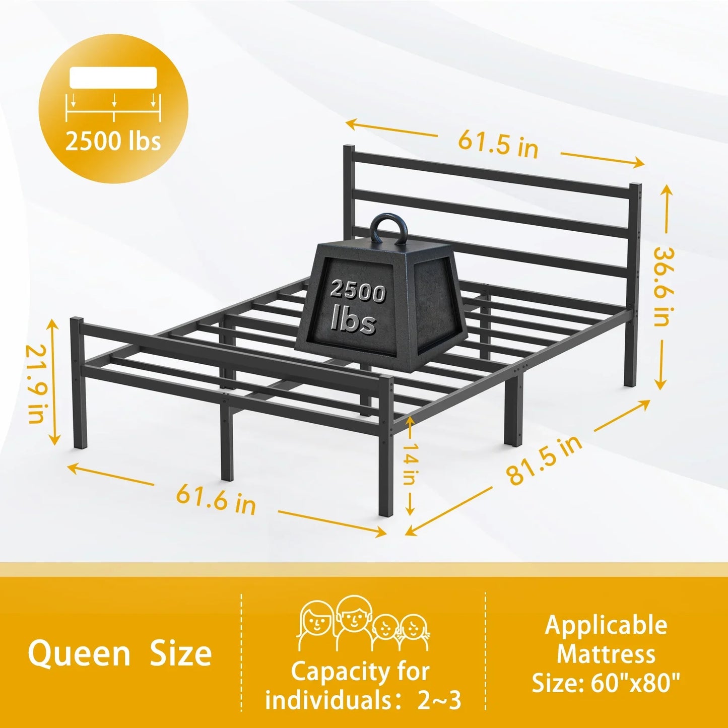 JOZ Heavy Duty Queen Size Metal Platform Bed Frame with Headboard and Footboard 14" High Under Bed Storage Space, No Box Spring Needed, Black
