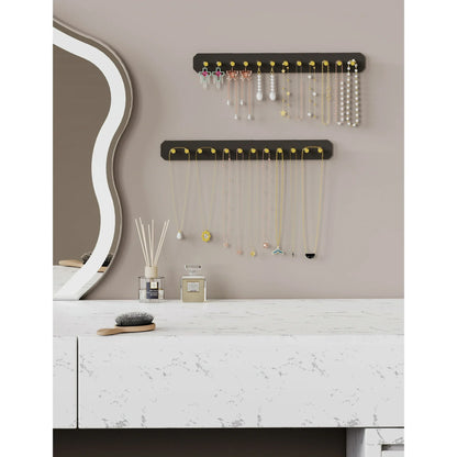 NiHome Hanging Jewelry Organizers, Wall Mounted Acrylic Jewelry Holder Earring Necklace Organizer with 24 Gold Round Hooks, Hanging Necklace Holder Stand also for Bracelet, Key - Black, 2PK
