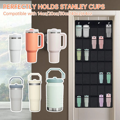 NiHome 35 Pockets Door Hanging Tumbler Organizer for Stanley in Kitchen, Pantry, Bedroom, Bathroom, Multi-Functional Large Capacity Elastic Mesh Secure Storage Cup Holder, Foldable for Home and RV