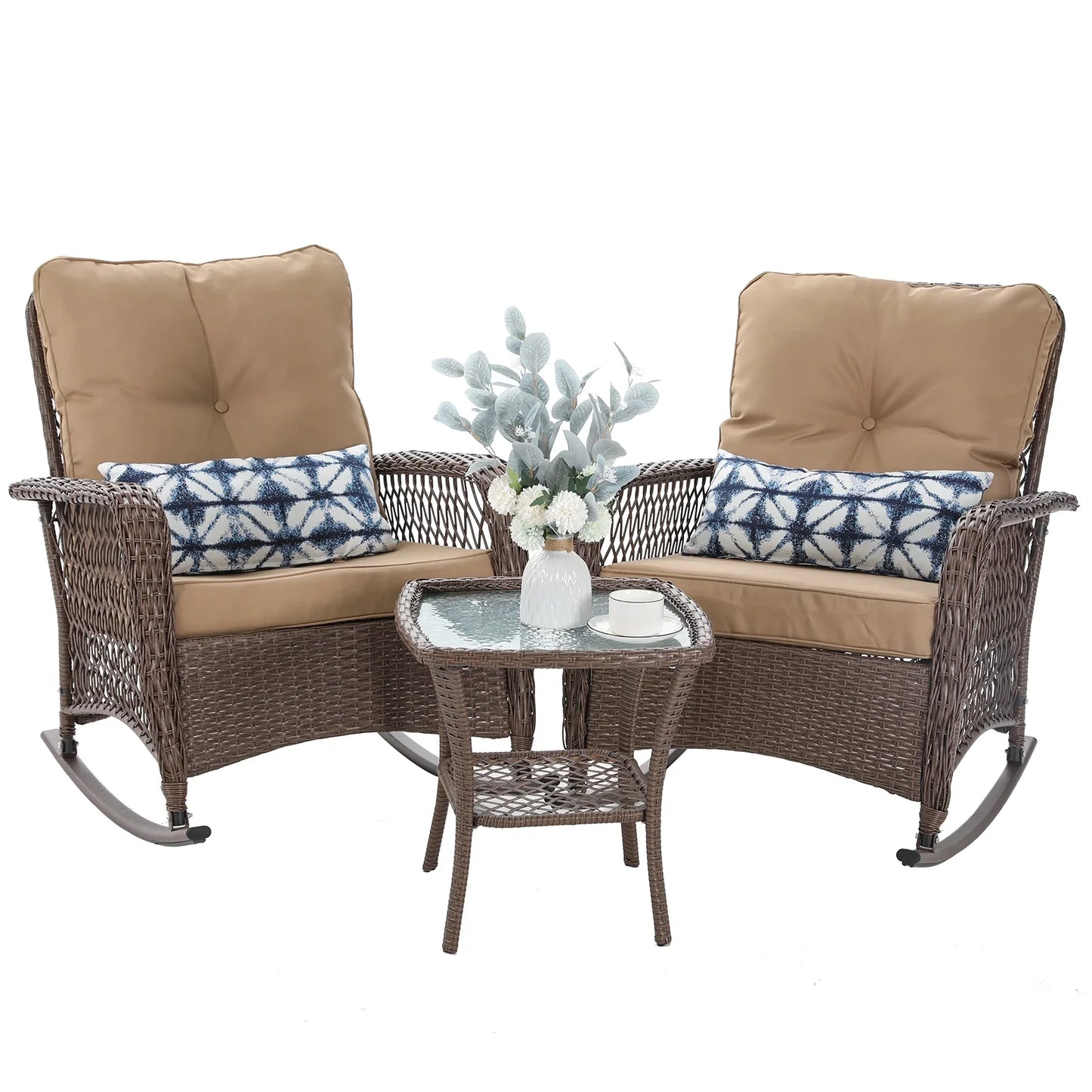 ELPOSUN 3-Piece Outdoor Rocking Chairs, Wicker Patio Furniture with Thickened Cushions and Table for Porch