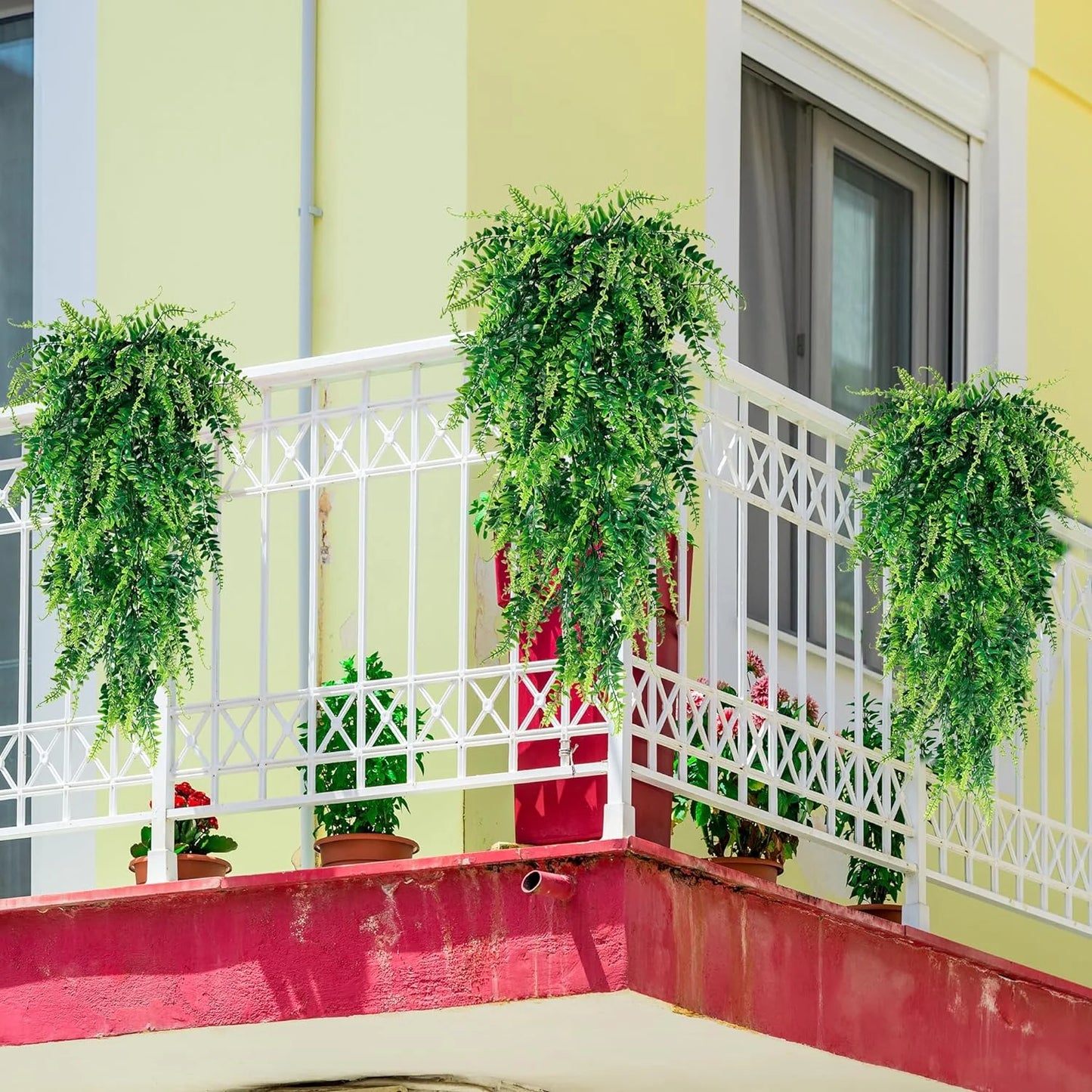 2 Pack Artificial Hanging Boston Fern Plants Faux Rattan Plants Fake Vines Greenery for Indoor Outdoor Room Wall Wedding Patio Porch Decor