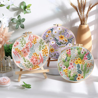 3 Pack Embroidery Kit for Beginners, Sewing Cross Stitch Starter Set with Flowers and Plants Pattern Stamped Cloth Hoops Threads and Needles, DIY Handmade Sewing Crafts