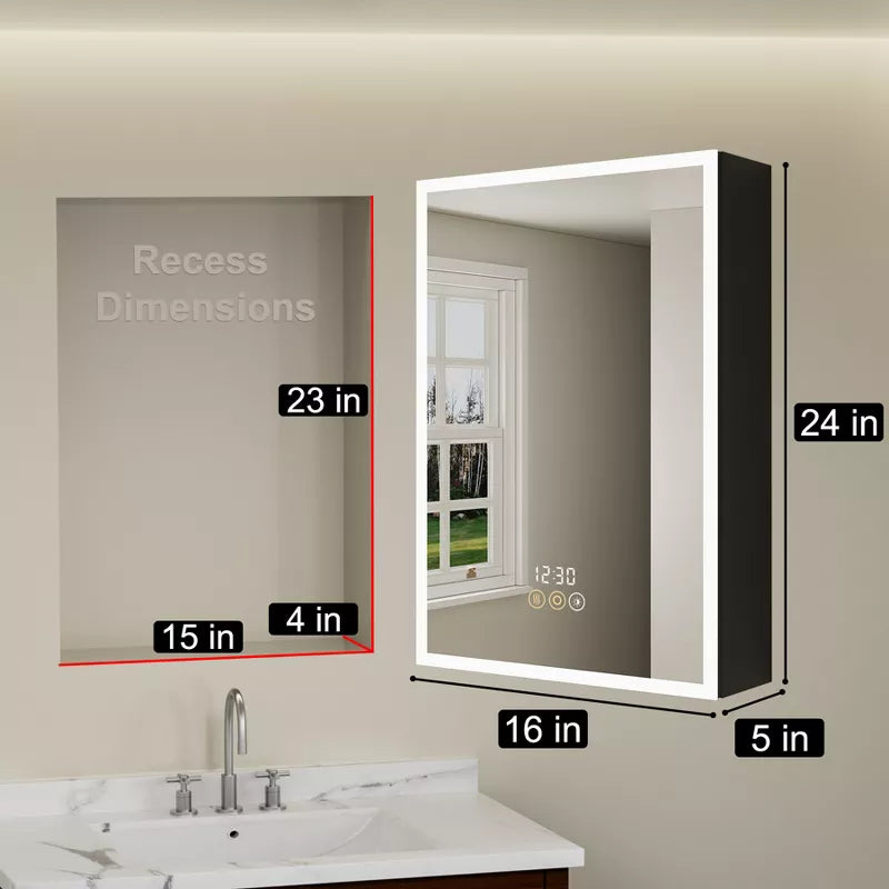 HBEZON Medicine Cabinet with Mirrors and Lights, Recess/Wall Mount Bathroom Cabinet, 3 Mode Light, Dimmable, Sensor Light, Defogger, Clock Temp, Black