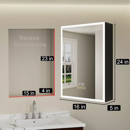 HBEZON Medicine Cabinet with Mirrors and Lights, Recess/Wall Mount Bathroom Cabinet, 3 Mode Light, Dimmable, Sensor Light, Defogger, Clock Temp, Black
