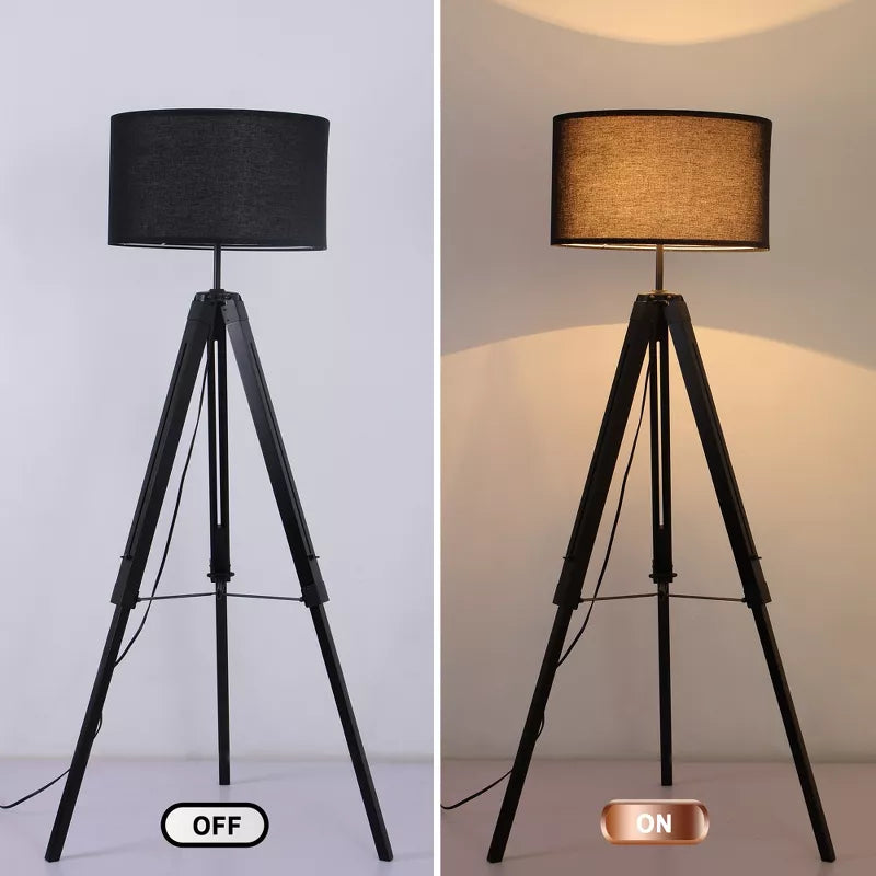 HBEZON 58 Tripod Floor Lamp, Height Adjustable Rubber Wood Standing Lamp with Foot Switch for Living Room, Bedroom, Office
