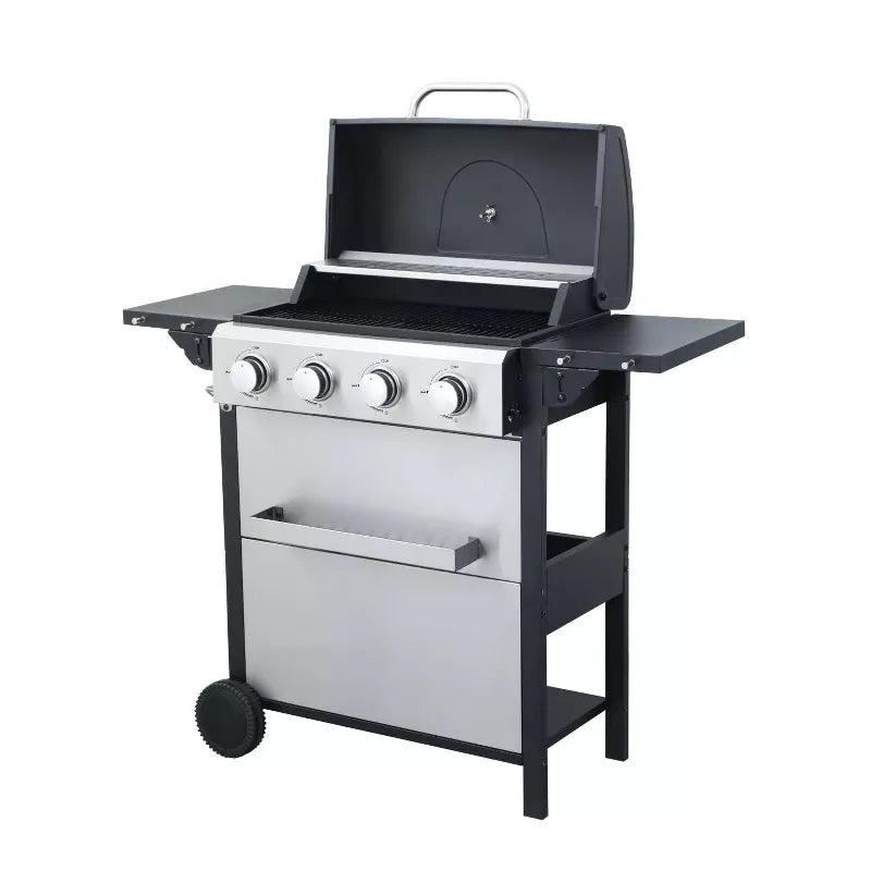 BestParts 4-Burner Propane BBQ Grill, Outdoor Gas Barbecue Cooker with Side Table, 34200 BTU, Enamel Grates, Wheels, Stainless Steel Frame