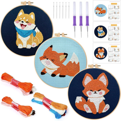 3 Pack Punch Needle Embroidery Kit for Beginners, Rug Hooking Starter Kit with Fox and Dog Pattern Stamped Cloth 3 Embroidery Hoops Woolen and Punch Needle, DIY Handicraft Crafts Kit