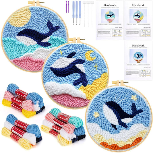 3 Pack Punch Needle Embroidery Kit for Beginners, Rug Hooking Starter Kit with Whale Pattern Stamped Cloth 3 Embroidery Hoops Woolen and Punch Needle