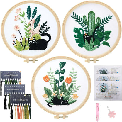 3 Pack Embroidery Kit for Beginners, Sewing Cross Stitch Starter Set Craft Stamped Cloth with Cute Cat Pattern Hoops Threads and Needles