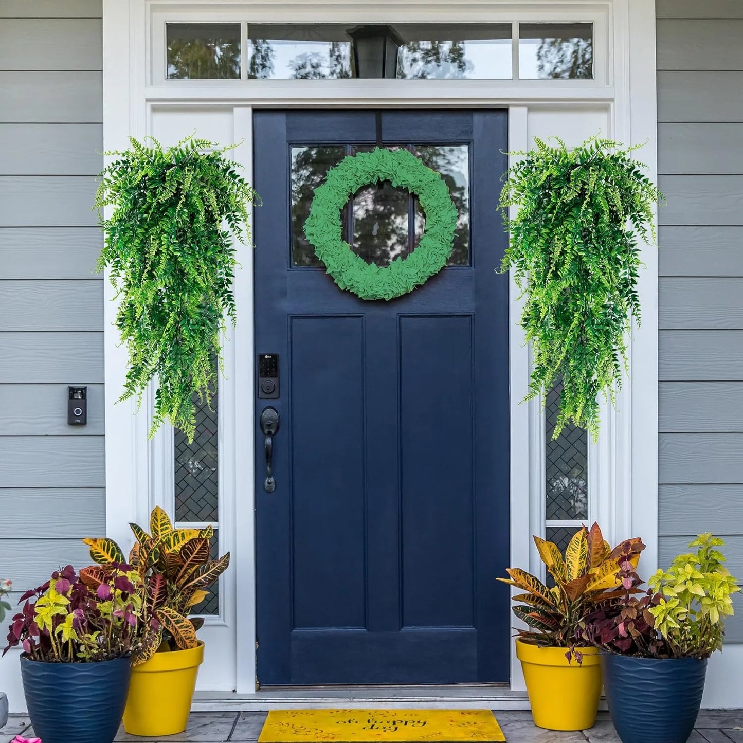 2 Pack Artificial Hanging Boston Fern Plants Faux Rattan Plants Fake Vines Greenery for Indoor Outdoor Room Wall Wedding Patio Porch Decor