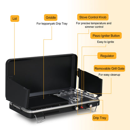 Tabletop 2-in-1 Camping Griddle/Stove Propane Stove Camping Portable Griddle Burner w/ Windpanel