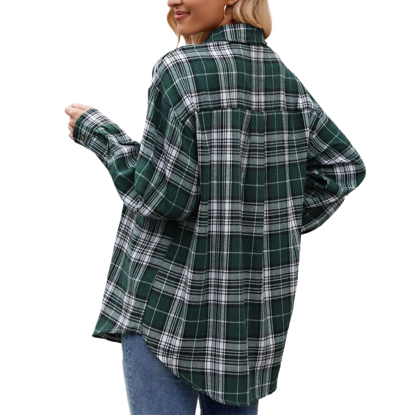SHIBEVER Womens Blouse Long Sleeve Oversized Flannel Plaid Soft Button Down fashion Shirt Roll Up Plaid tops