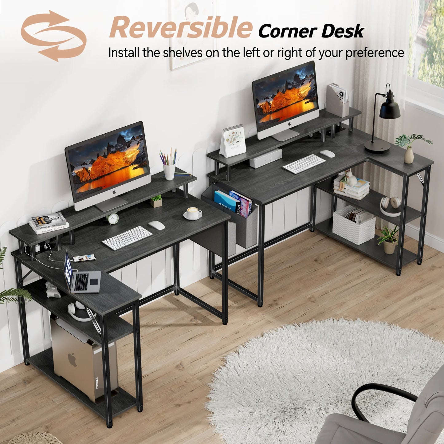 JOZ L-Shaped Desk with Power Outlets, LED Lights, and Monitor Stand, 47-inch Corner Desk for Home Office, Dark Gray