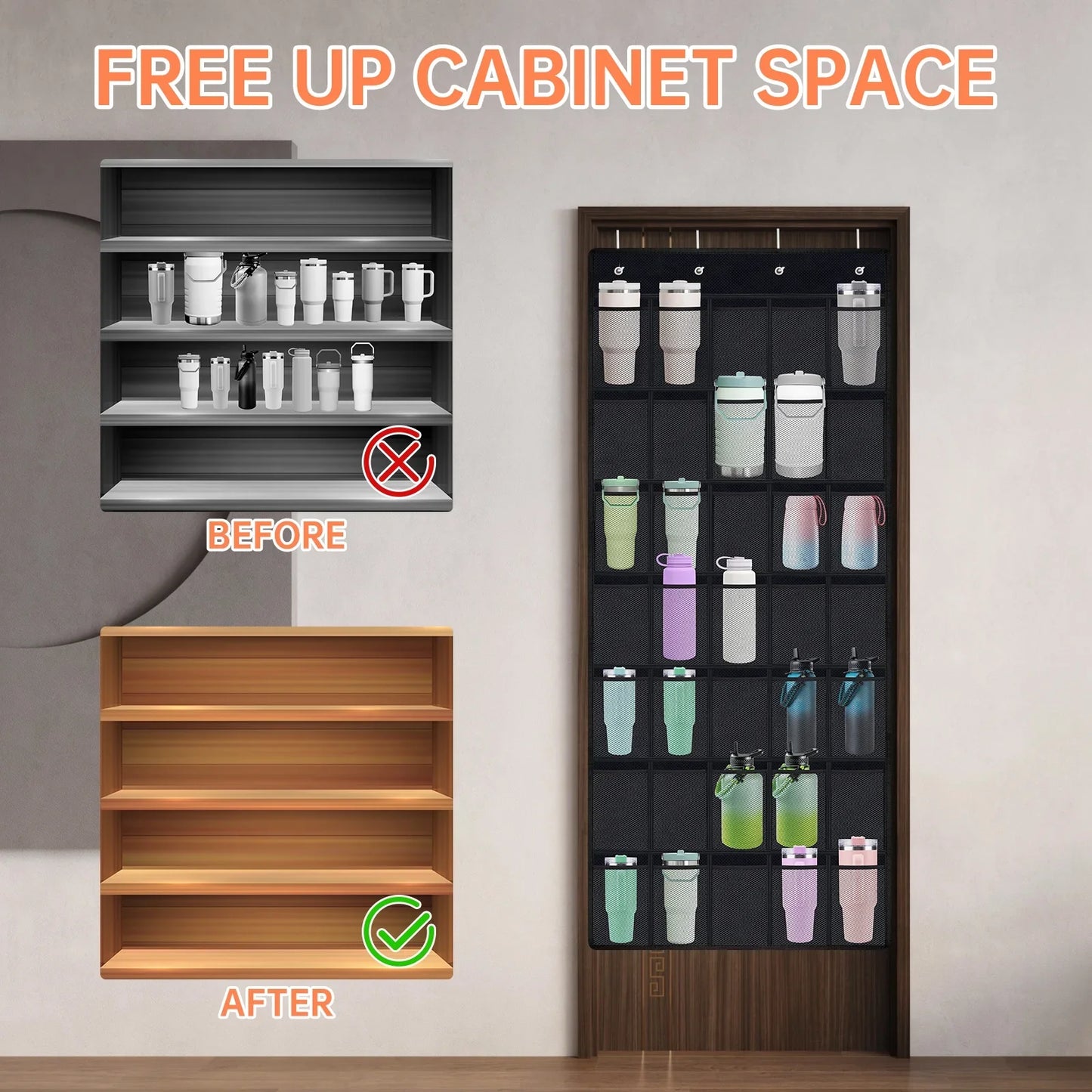 NiHome 35 Pockets Door Hanging Tumbler Organizer for Stanley in Kitchen, Pantry, Bedroom, Bathroom, Multi-Functional Large Capacity Elastic Mesh Secure Storage Cup Holder, Foldable for Home and RV