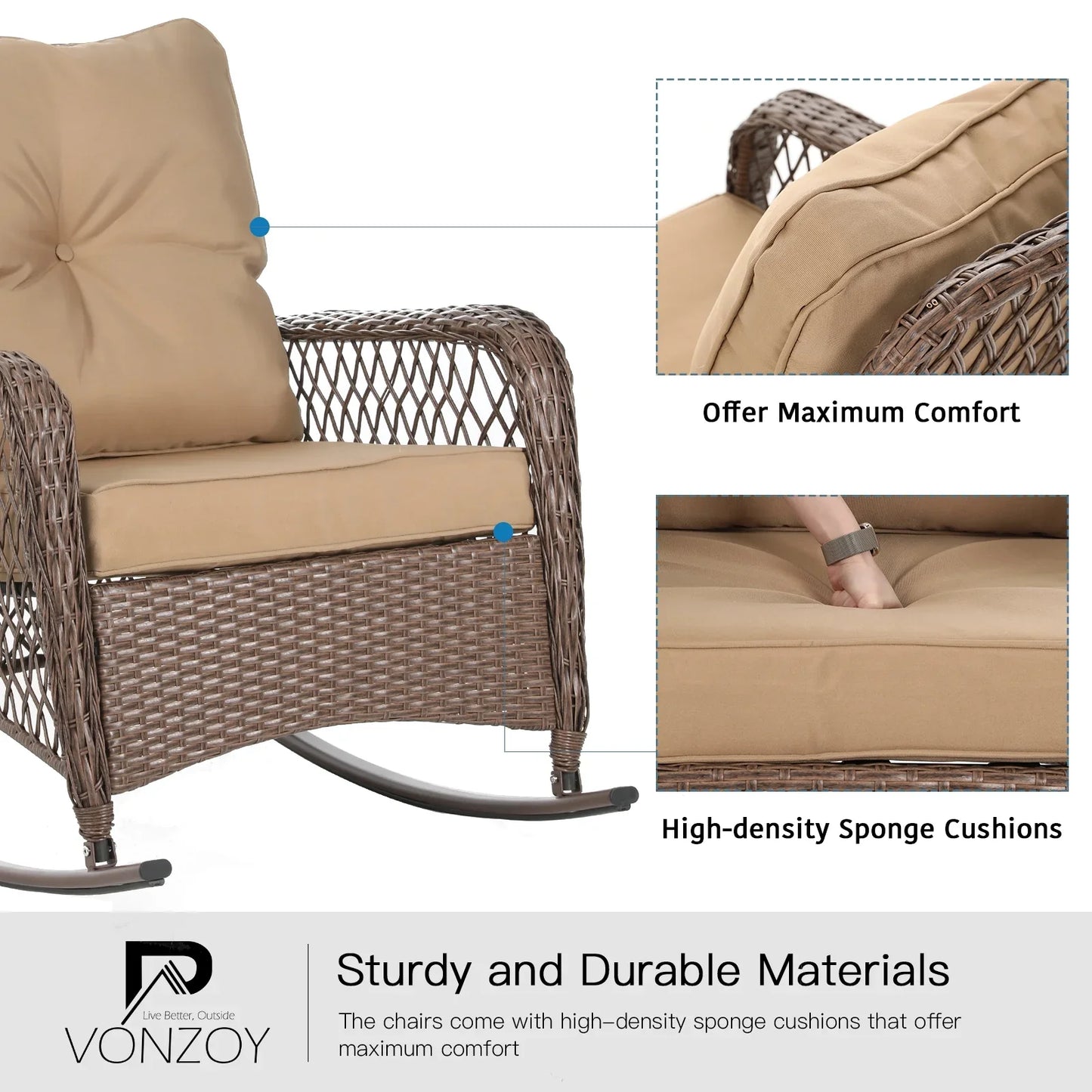 ELPOSUN 3-Piece Outdoor Rocking Chairs, Wicker Patio Furniture with Thickened Cushions and Table for Porch