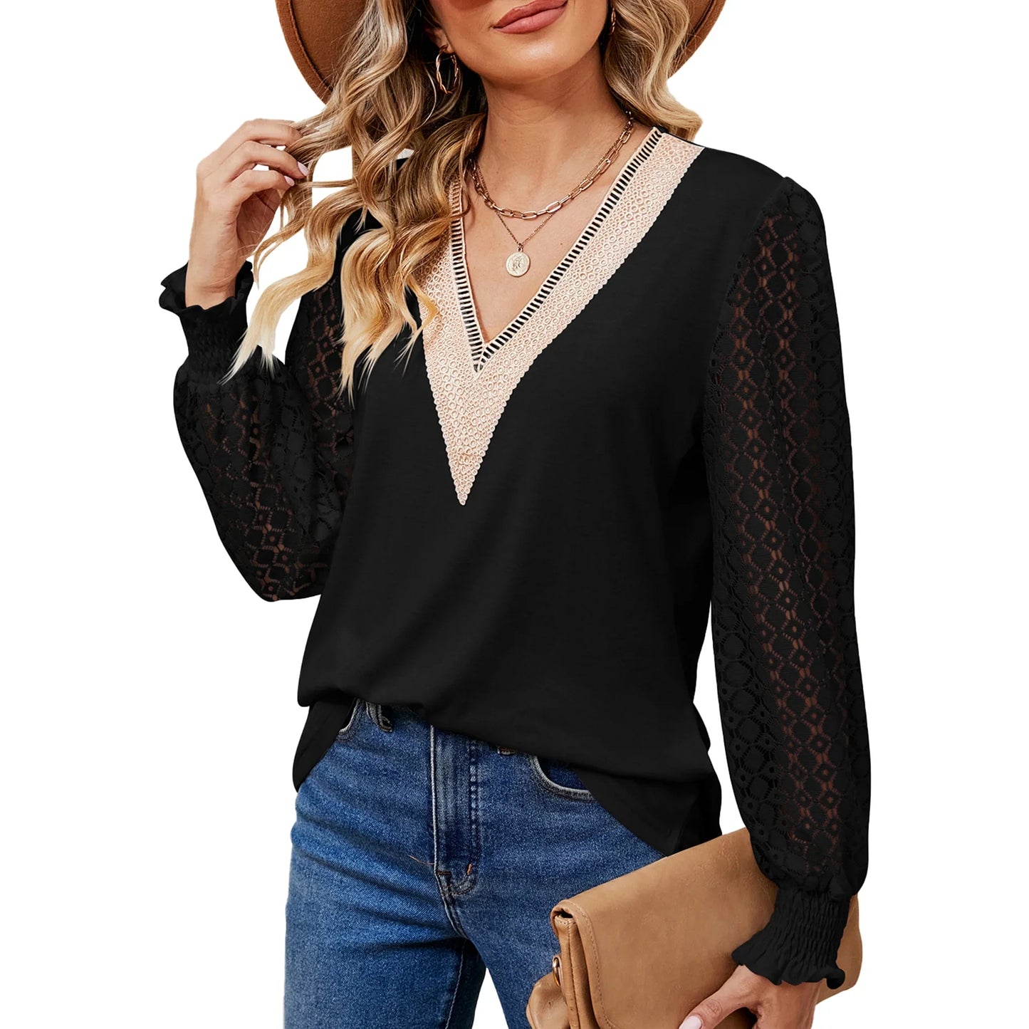 SHIBEVER Women T Shirts Casual Long Sleeves Blouses Fall Tunic Lace Tops V Neck Hollow Loose Shirts for Women Size XL