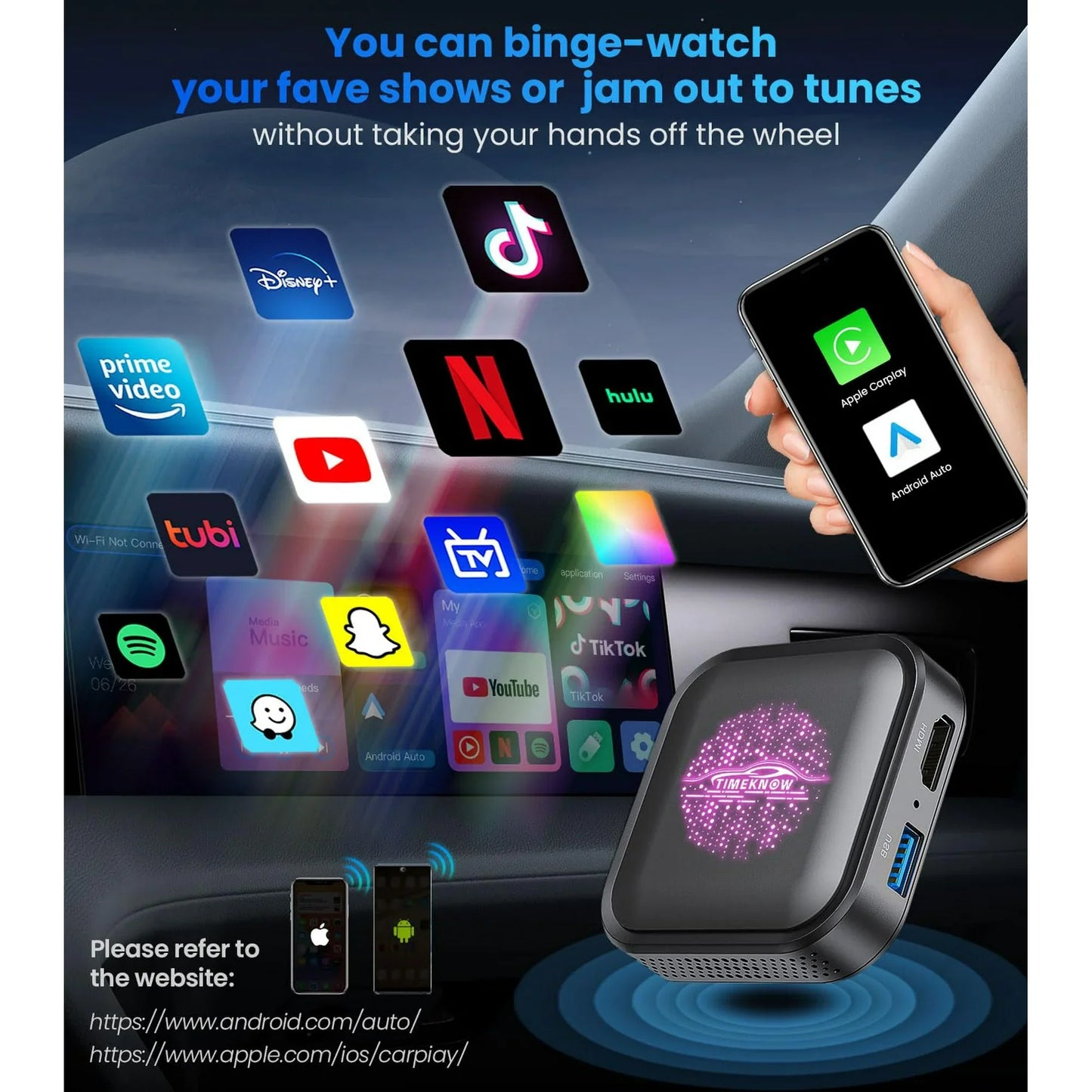 TIMEKNOW Wireless Carplay Adapter Magic Box with Netflix YouTube Tiktok, Upgrade LED Wireless Android Auto Adapter HDMI Dongle for Phone to Miracast/Stream Media to Car/TV, for OEM Wired CarPlay Car