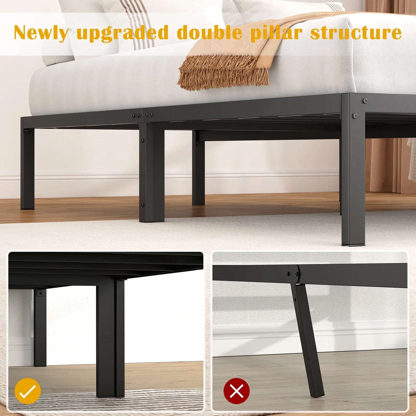 JOZ Queen Size Metal Platform Bed Frame with 14" Under Bed Storage, No Box Spring Needed, Black