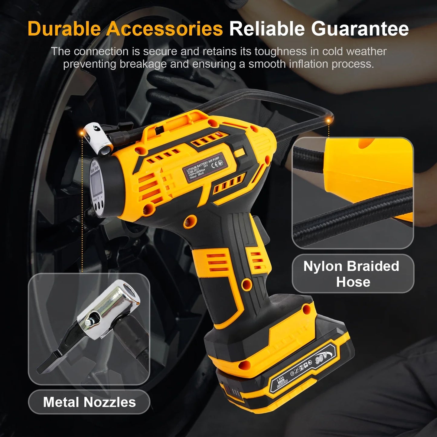 Baokaler Cordless Tire Inflator Air Compressorfor Cars Motorcycles, 20V Portable Car Air Pump with Rechargeable Battery and Charger, Yellow