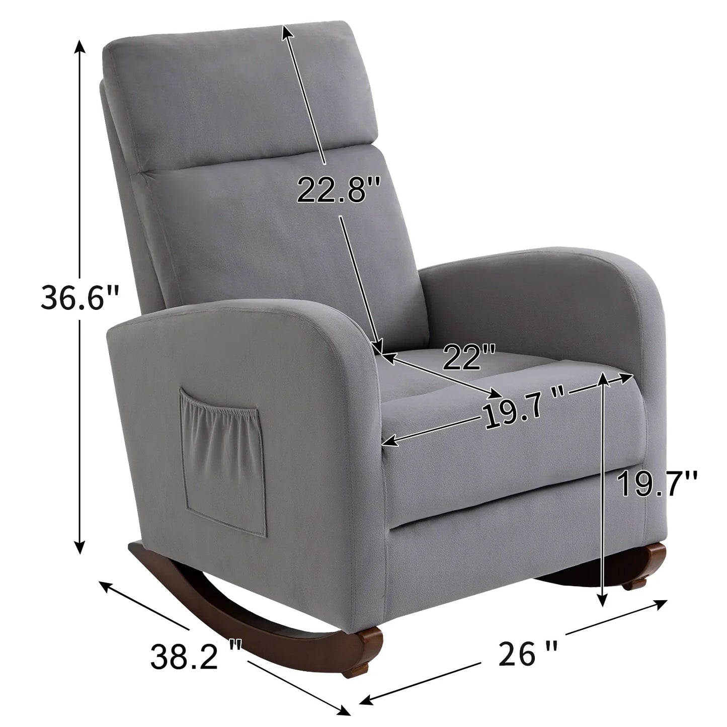 HOMHUM Mid-Century Nursery Rocking Chair, Upholstered Velvet High Back Arm Chair, Adult, Gray