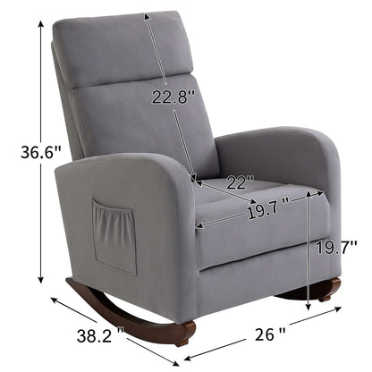 HOMHUM Mid-Century Nursery Rocking Chair, Upholstered Velvet High Back Arm Chair, Adult, Gray