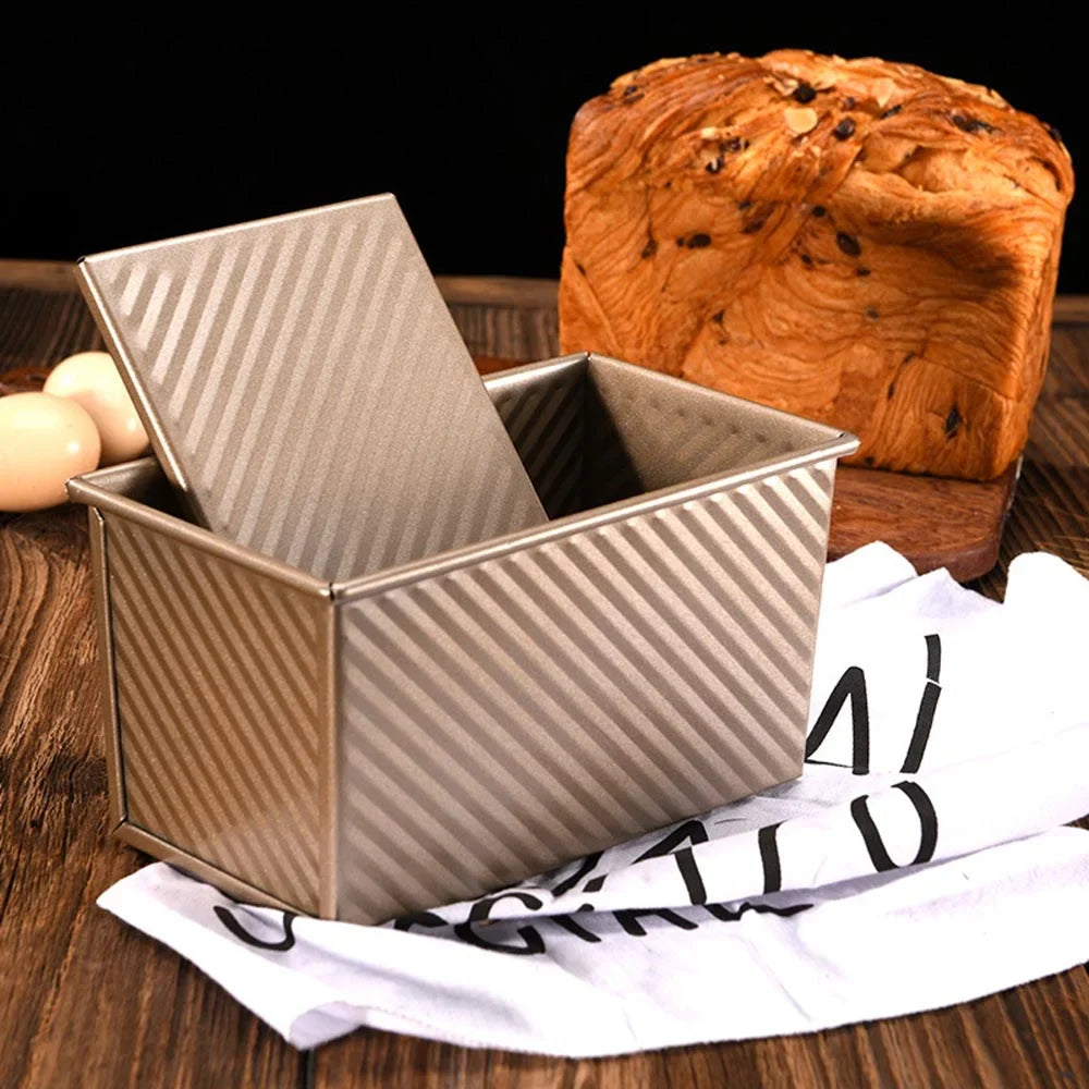 HELONG Pullman Loaf Pan with Lid, Carbon Steel Bread Loaf Pan,Non-Stick Loaf Pan for Baking ,1 lb Dough Capacity,Gold