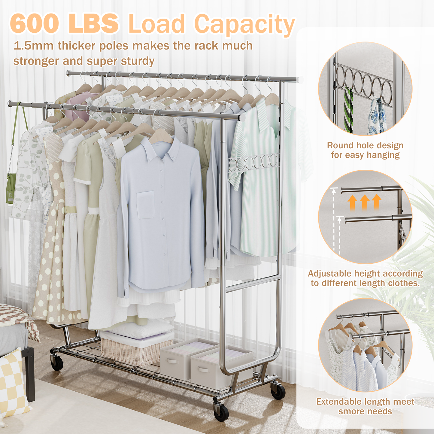 JOZ 600 lbs Commercial Grade Heavy Duty Garment Rack with Shelves, Collapsible Clothing Rack on Wheels, Portable and Adjustable, Chrome Finish