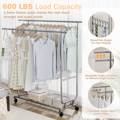 JOZ 600 lbs Commercial Grade Heavy Duty Garment Rack with Shelves, Collapsible Clothing Rack on Wheels, Portable and Adjustable, Chrome Finish