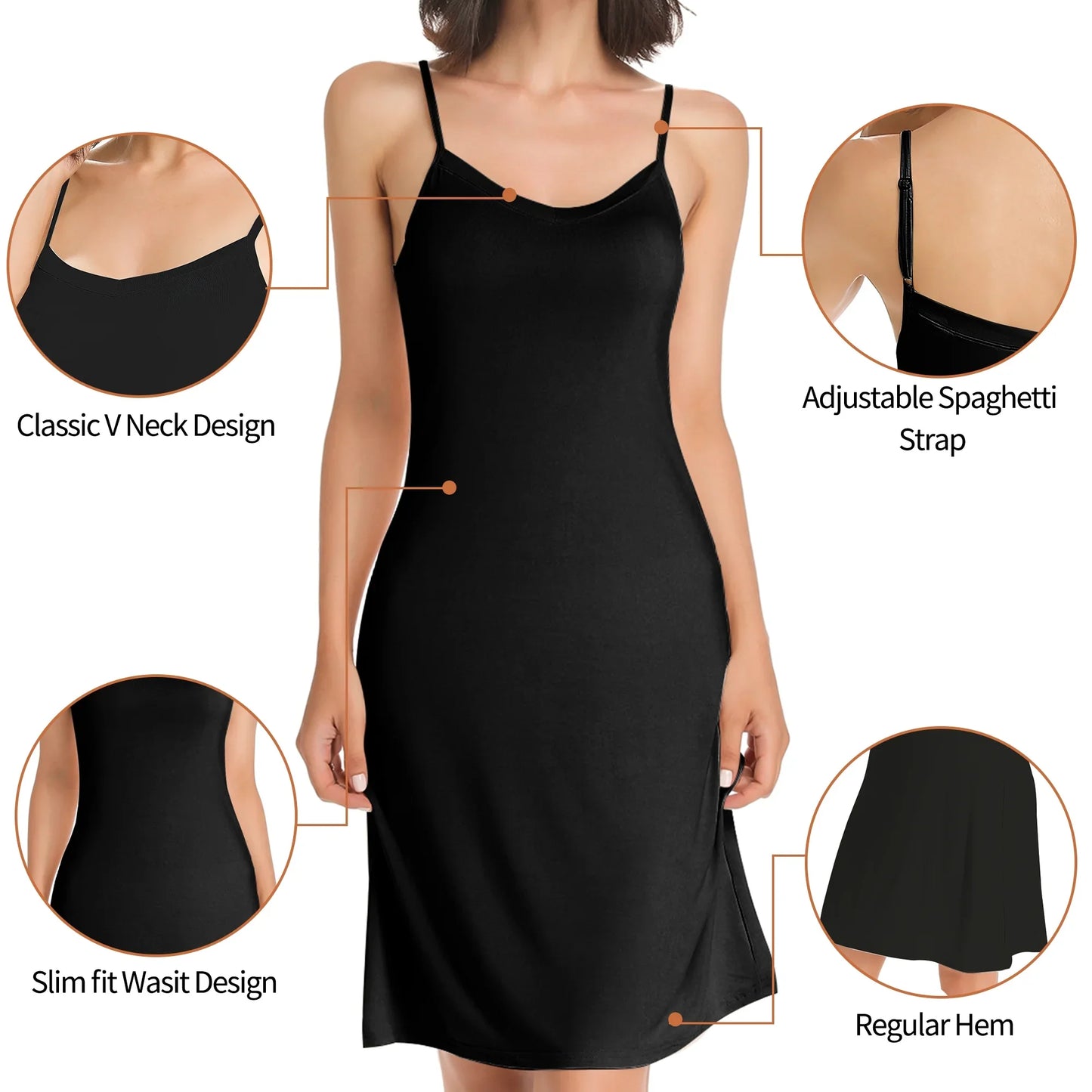 CARCOS Women's Basic Adjustable Spaghetti Strap Cami Full Slip Mini Dress Black, M