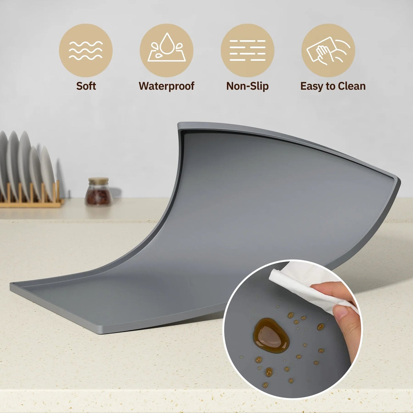 NiHome Silicone Coffee Bar Mat with Diatomaceous Earth Pad for Quick Drying, Non-Slip Spill-Proof Mat for Coffee Machines and Kitchen Countertops, Keeps Countertops Dry and Organized (Light Gray)