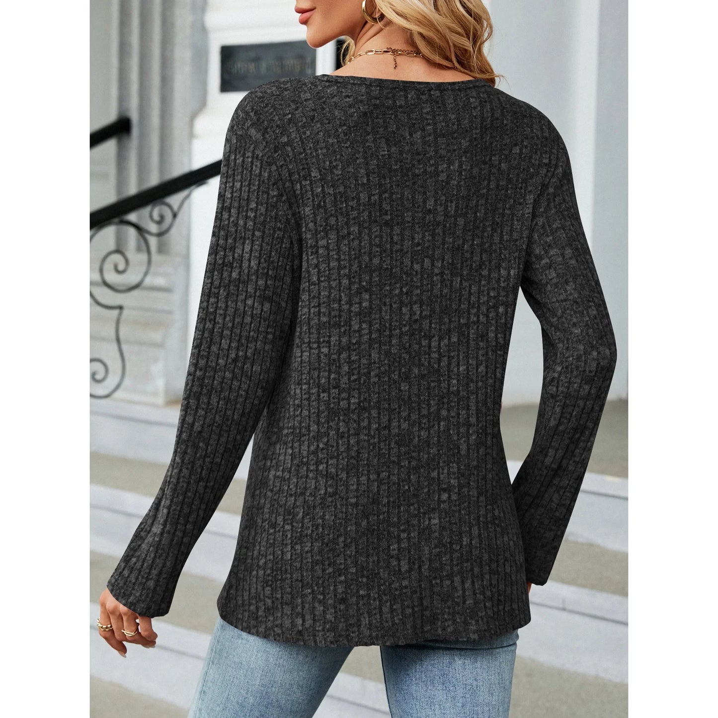 SHIBEVER Tops for Women Casual Long Sleeve Blouses Fall Knit Tunic Tops Round Neck Loose Side Split Sweater with Side Button Size L