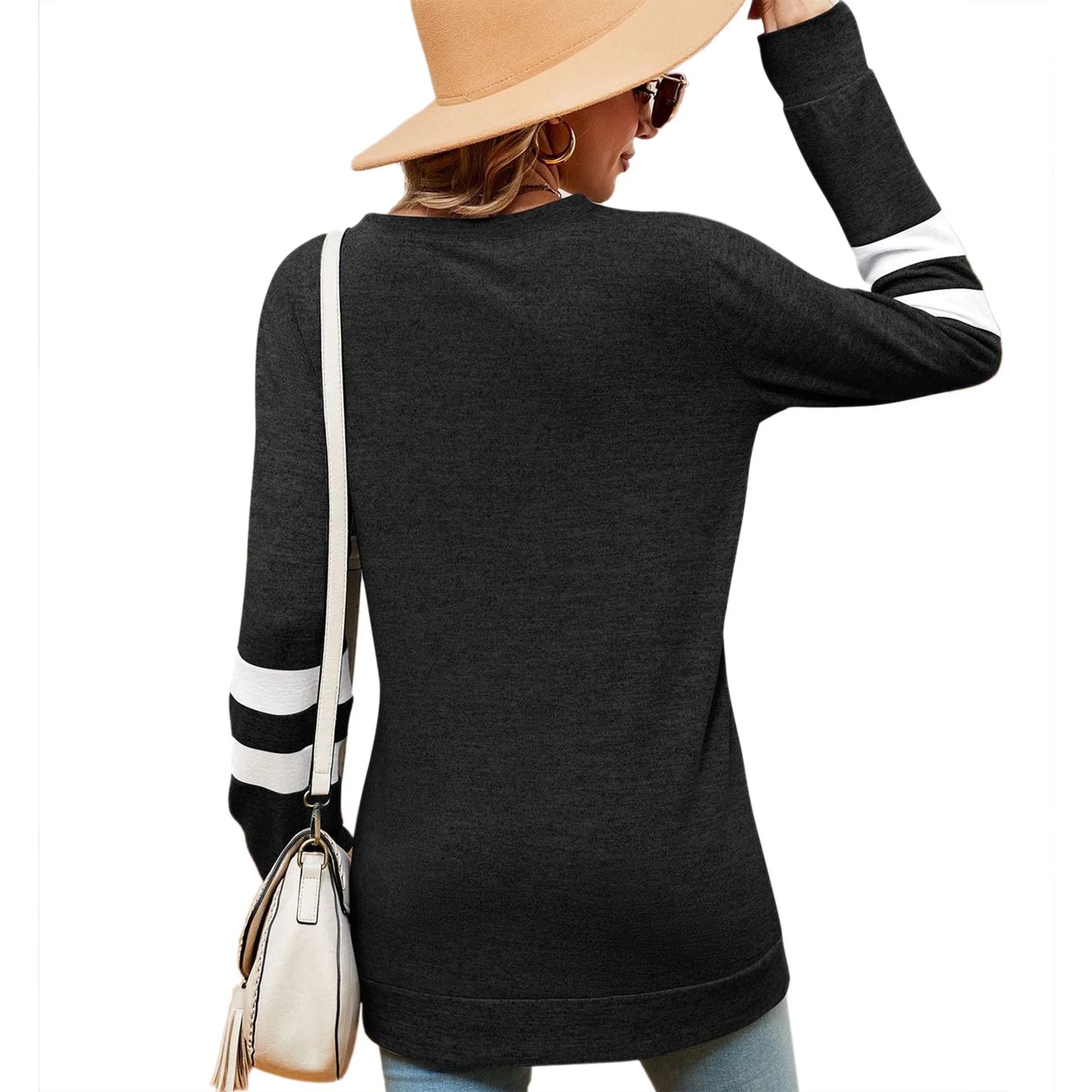 SHIBEVER Fall Fashion V-Neck Stripe Tunics Tops Blouses For Women Workout Long Sleeve Solid T-Shirts Black