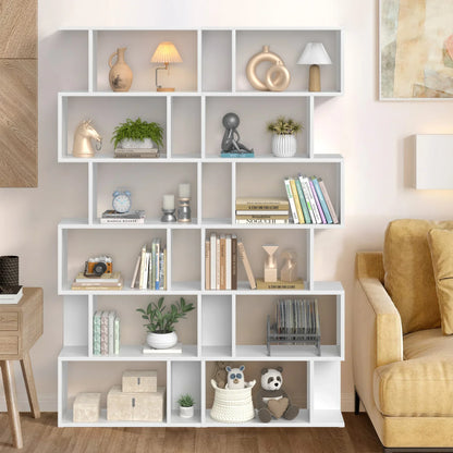 JOZ Geometric Bookcase Wooden Wood S Shape Storage Display Unit Bookcase Bookshelf 6-Tier Storage, 75" H x 27.6" W, White