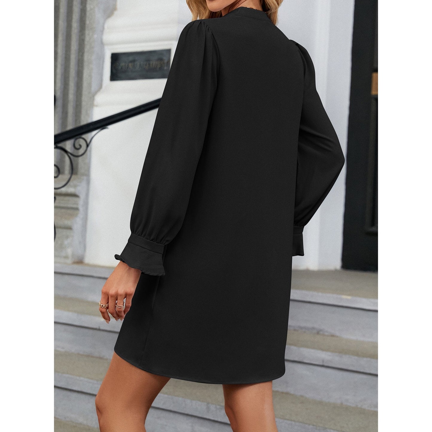 SHIBEVER Women Dress Casual Long Sleeve Shirt Dress V Neck Dressy Flare Cuff Black Elegant Mini Dresses for Women Size L