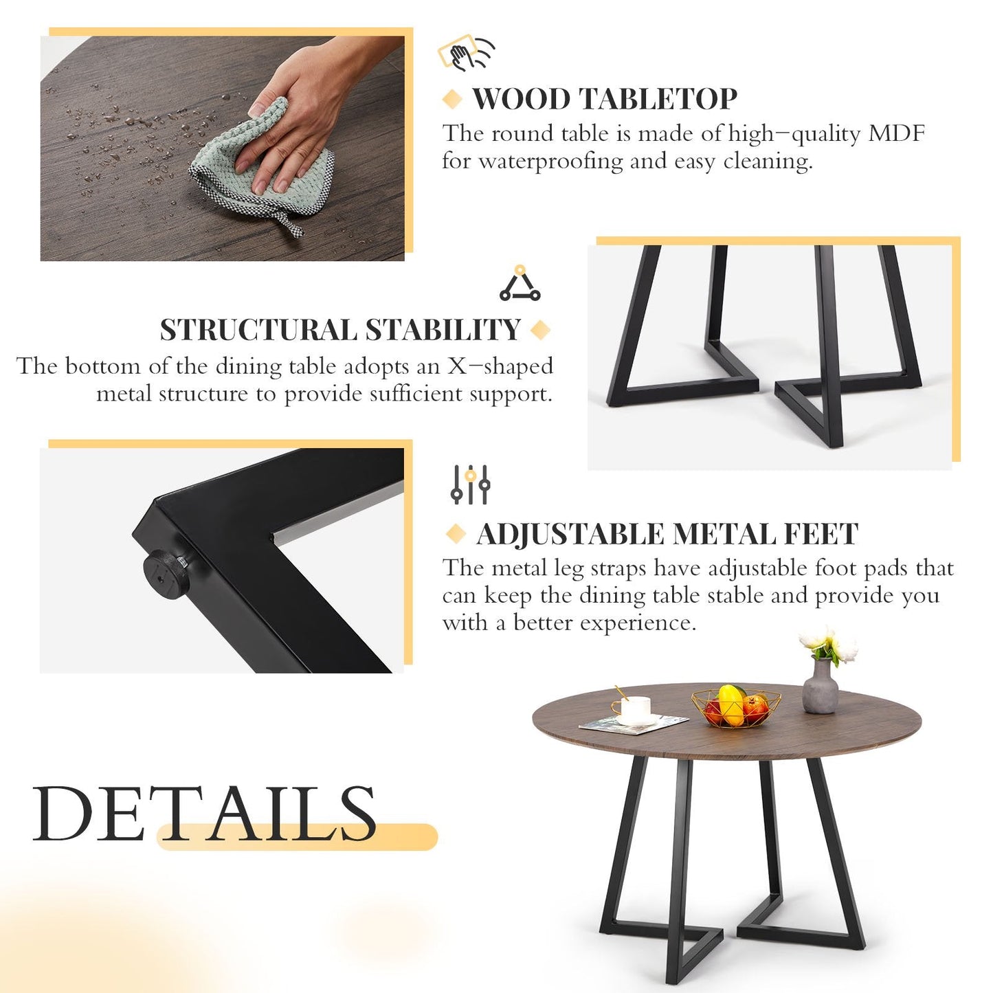 Homhum Mid Century Round Dining Table for 4 with Metal Base - Ideal for Kitchen, Dining Room, Living Room, Office, or Apartment, Gray