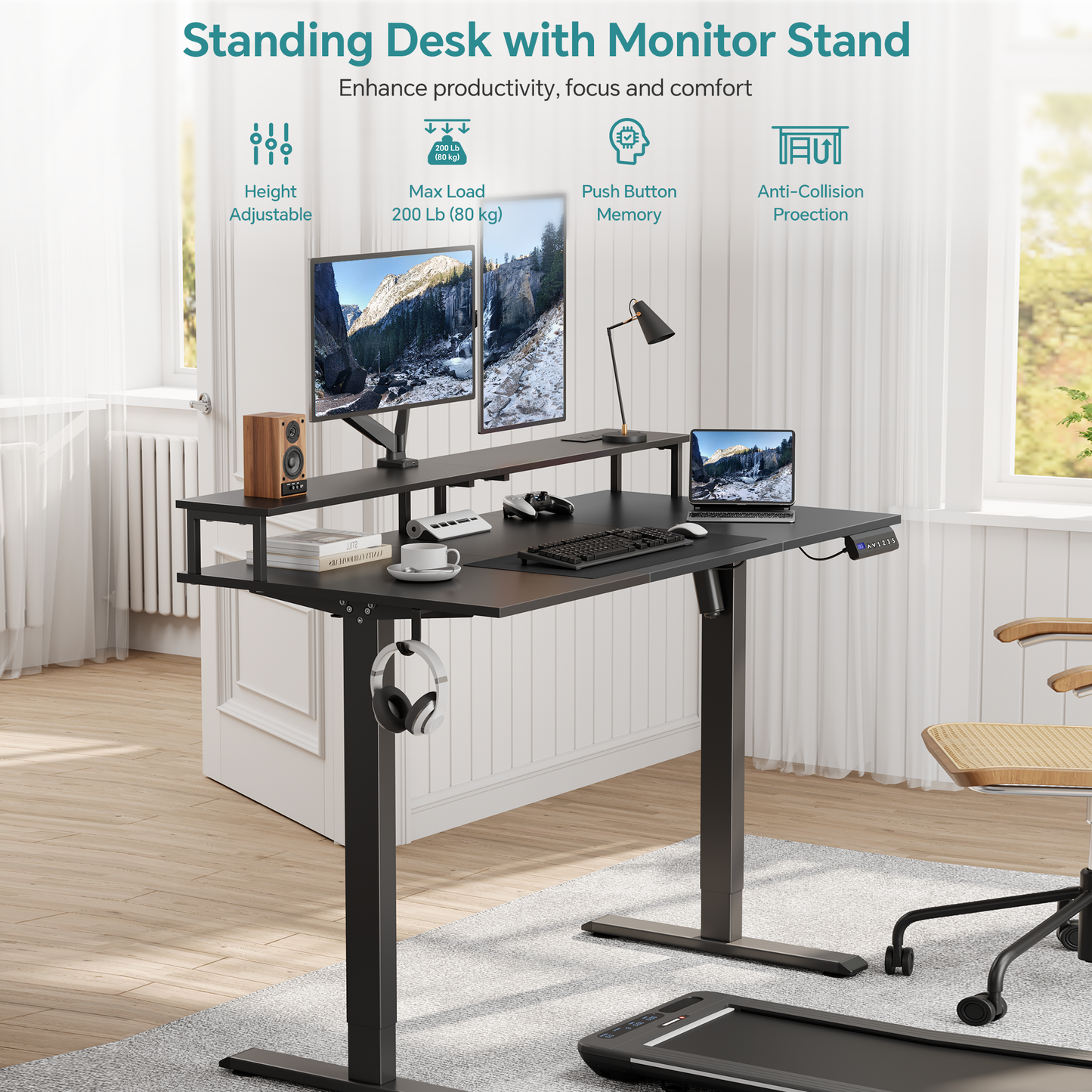 JOZ Electric Height Adjustable Standing Desk, 48 x 24 inches Sit-Stand Desk with Memory Preset and T-Shaped Metal Bracket - Black