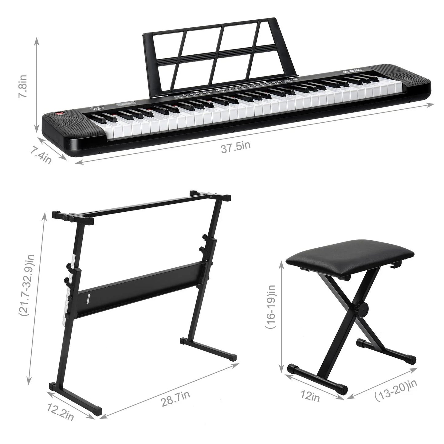 Glarry 61 Key Lighting Keyboard with Piano Stand, Piano Bench, Built In Speakers for Beginners