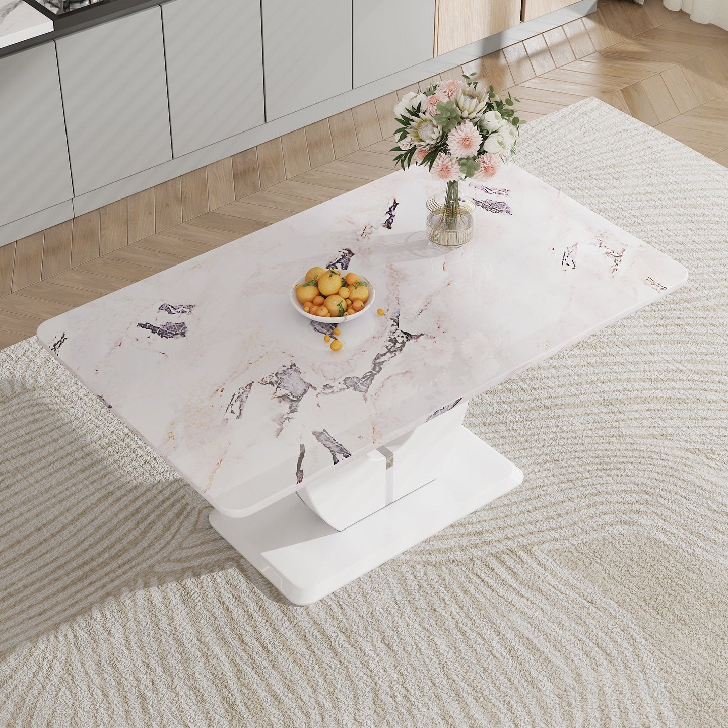 63" Modern Rectangle Faux Marble Dining Table Room Sets for 6,Dining Table with 6 Velvet Dining Chairs,White Table and 6 Gray Chairs with Silver Leg