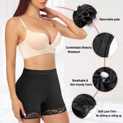 VASLANDA Womens Butt Lifter Padded Lace Panties Seamless Hip Enahncer Body Shaper Boyshort Underwear 2 Pack