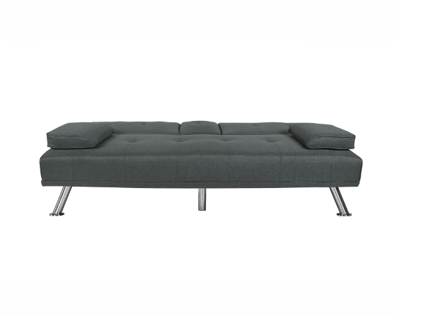 Modern Futon Sofa Beds, Linen Convertible Futon Sofa w/ Removable Armrests, Metal Legs, 2 Cupholders, Dark Gray