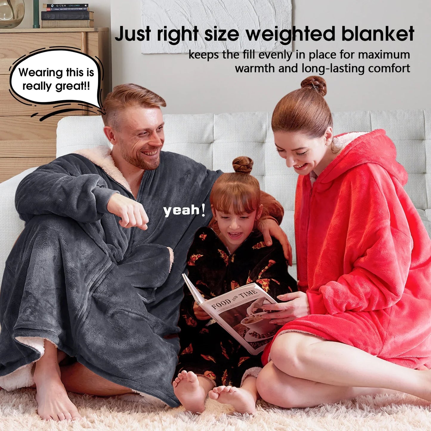 Wearable Blanket Hoodie, Oversized Giant Hoodie Wearable Blanket Sweatshirt for Adult, Sherpa Fleece Blanket Hoodie with Pocket, Warm Cozy Blanket with Zipper Sleeves Grey