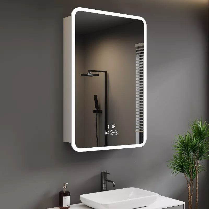 HBEZON LED Medicine Cabinet with Lights and Mirrors, Recess/Wall Mount Bathroom Cabinet, 3 Mode Lights, Dimmable, Anti Fog, Time Temp Display, Silver