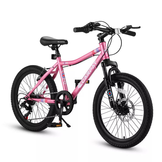BestParts 20 Inch Kids Mountain Bike, 7-Speed Girls Bicycle with Front Suspension, Disc & V Brake, for Teens Age 8–12, Pink Steel Frame